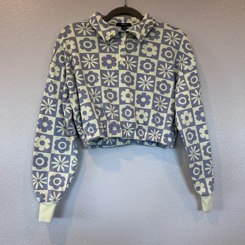 Forever 21 Womens Blue Yellow Checkered Floral Cropped Polo Sweatshirt Small